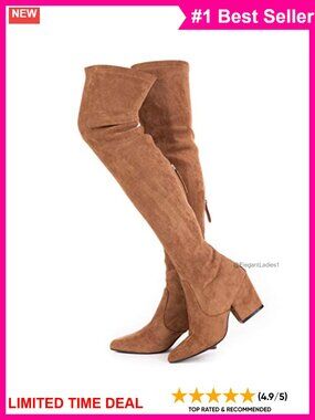 Women Over the Knee Boots Faux Suede Block Heel Pointed Toe Pull On